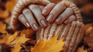 autumnal glitter nails knitted gloves amidst fallen leaves