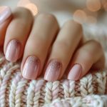 close up pink glitter nail polish womans hand resting knitted sweater