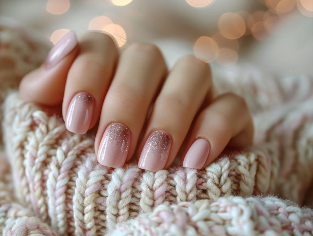 close up pink glitter nail polish womans hand resting knitted sweater