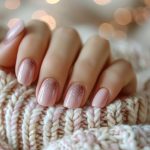 close up pink glitter nail polish womans hand resting knitted sweater